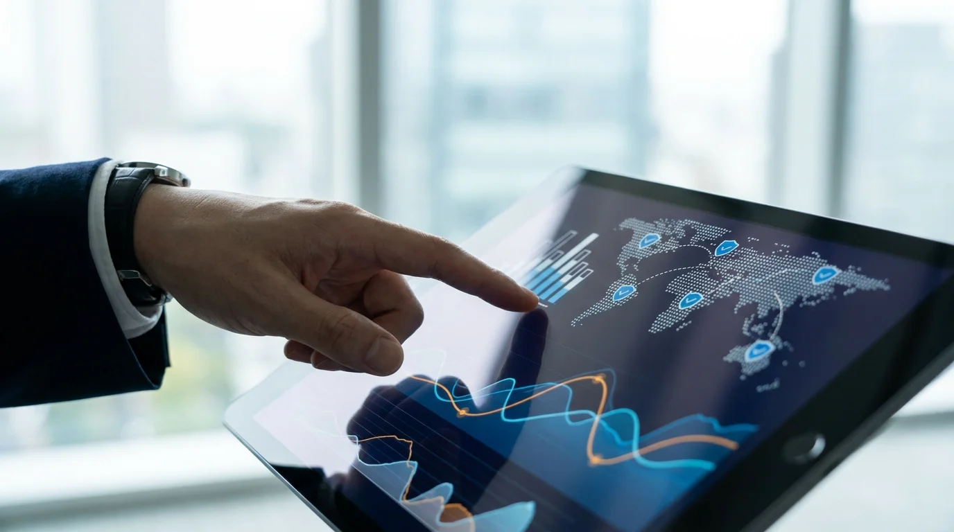 Close-up of a Japanese professional's hands pointing at detailed data charts on a tablet screen, analyzing e-commerce competition and market share trends within the Japanese retail sector.