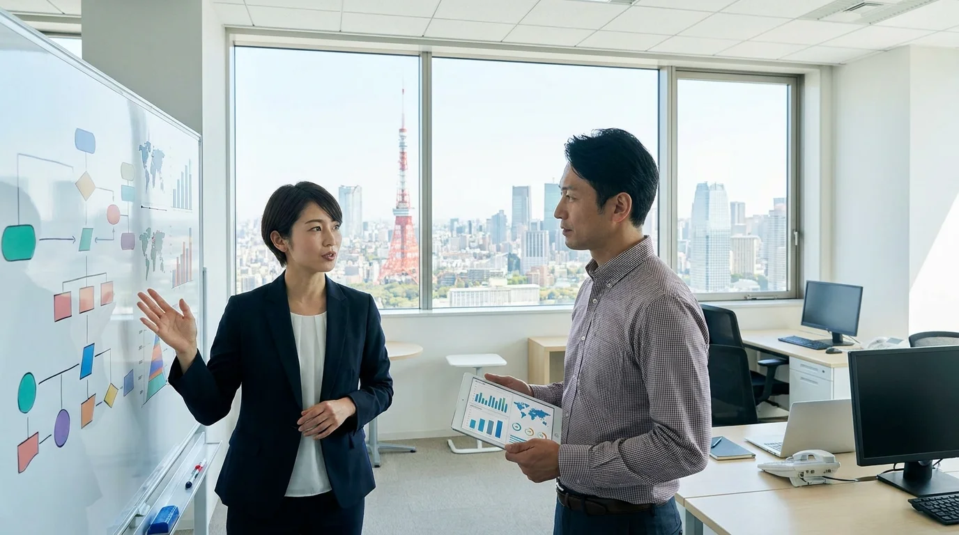 A Japanese data analyst in business attire working in a high-tech office in Tokyo, focusing on a multi-screen setup displaying real-time e-commerce sales data and customer behavior heatmaps.