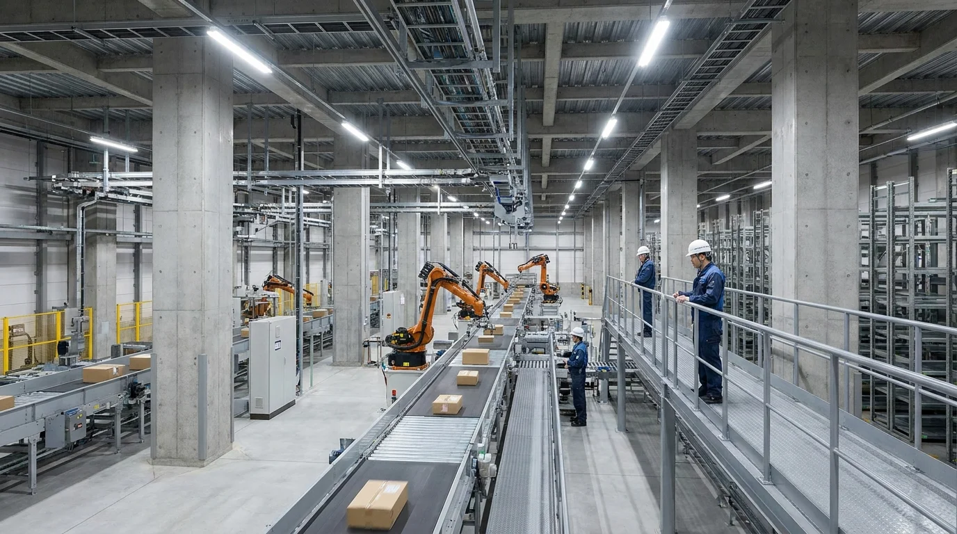 A sophisticated Japanese logistics warehouse environment featuring high-tech automated sorting systems, digital inventory dashboards on screens, and organized storage racks, symbolizing modern EC fulfillment efficiency.