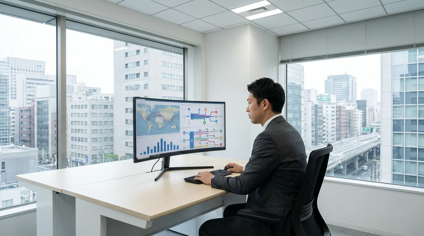 A group of Japanese logistics experts in business casual attire reviewing data on tablets and large monitors in a modern, brightly lit office in Tokyo. They are analyzing supply chain efficiency and warehouse inventory levels.