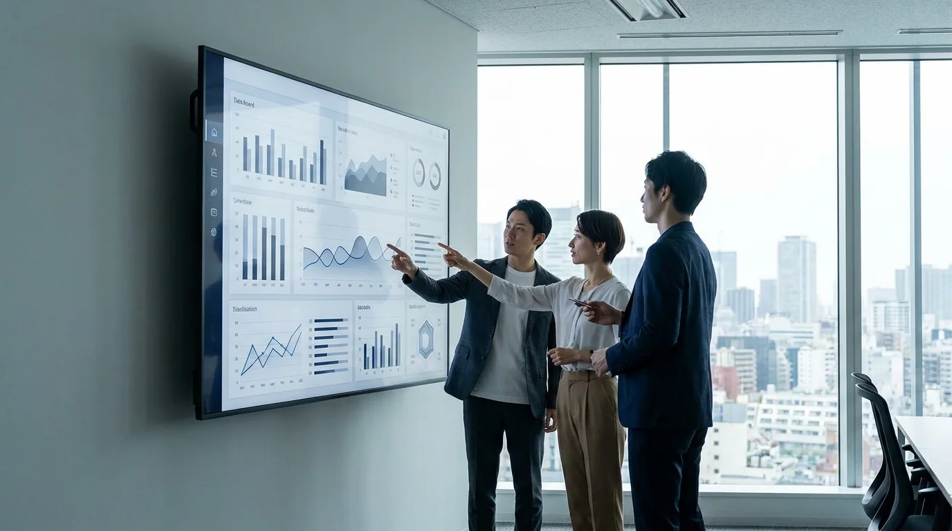 A high-tech digital dashboard displaying real-time currency exchange rate fluctuations, global market maps, and financial performance charts. The scene is set in a modern, professional Japanese office environment, emphasizing data-driven decision-making for cross-border e-commerce financial strategy.
