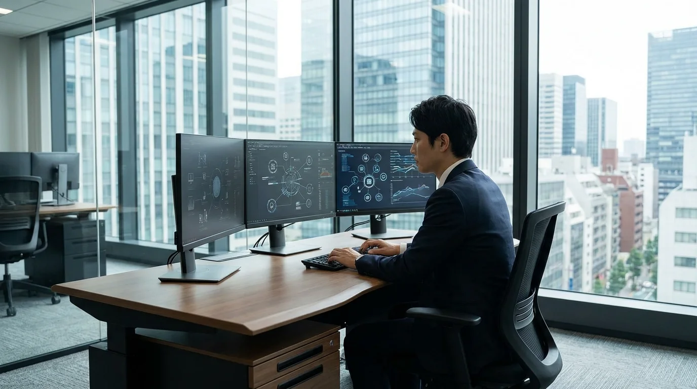 A professional Japanese financial analyst working on a multi-screen setup in a sleek Tokyo office. The screens display complex global currency trends and international trade data. The analyst is reviewing a paper report on financial KPIs while comparing it with live market data, representing a meticulous approach to global financial management.