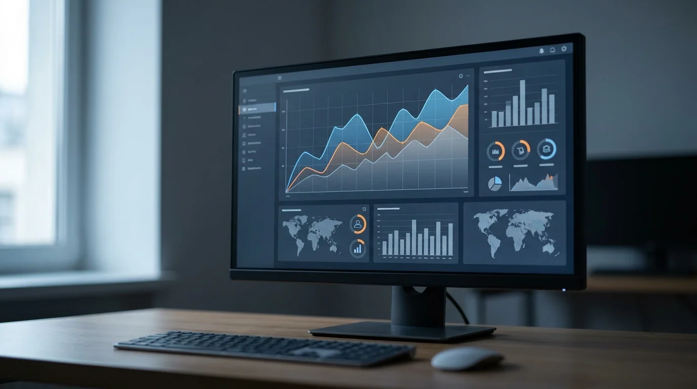 Close-up of a high-resolution monitor showing an automated pricing algorithm interface. The interface calculates profit margins in real-time based on fluctuating currency data. A Japanese executive's hand is visible, pointing at a graph that indicates optimized margins, set against a background of a modern Japanese corporate workplace.
