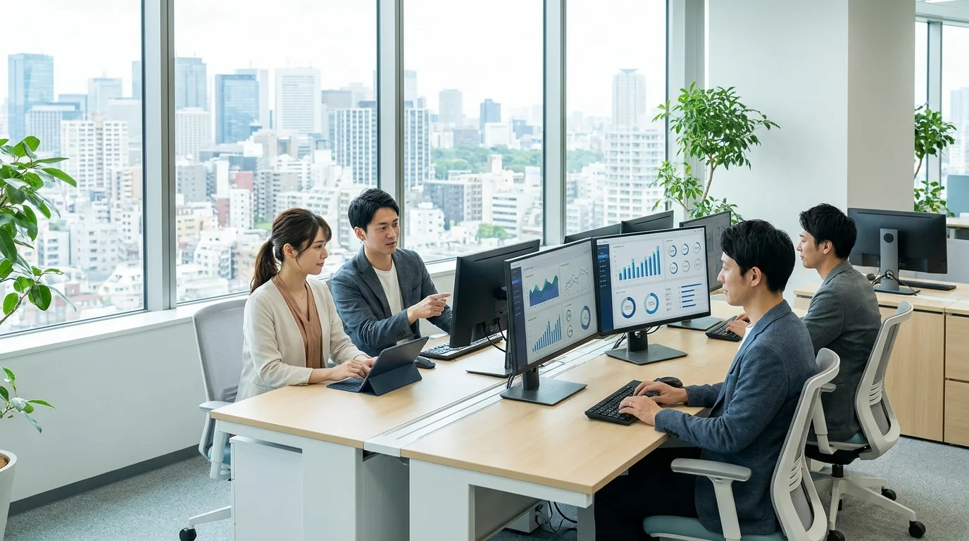 A group of Japanese data analysts in a Tokyo business center reviewing financial charts and e-commerce performance metrics on large digital screens. The setting is a professional Japanese office environment.