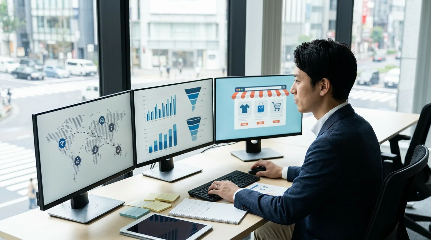A Japanese store manager in a clean, modern logistics facility using a tablet to manage inventory and order fulfillment data. The scene emphasizes efficiency and Japanese operational excellence.