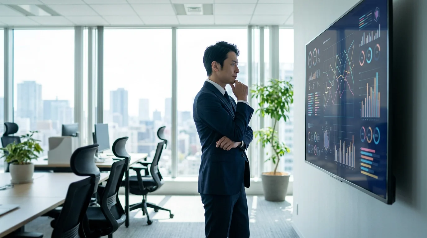 A professional Japanese data analyst pointing at a large monitor displaying complex data visualizations and e-commerce conversion funnel charts. The scene is set in a brightly lit, modern office environment. No company name or emblems visible.