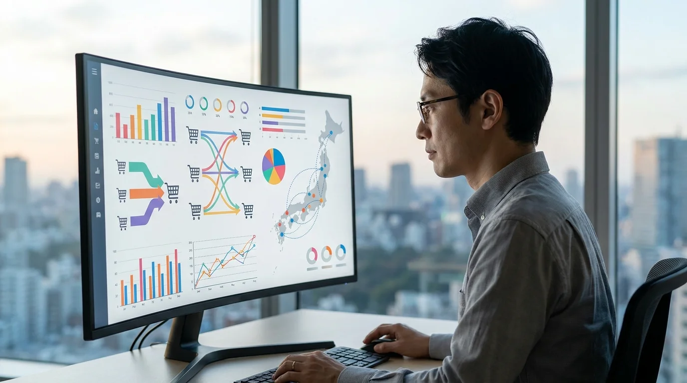 A detailed data visualization dashboard on a large monitor in a modern Japanese office, displaying complex bar charts and line graphs representing transaction volume and merchant discount rate trends for an e-commerce business.