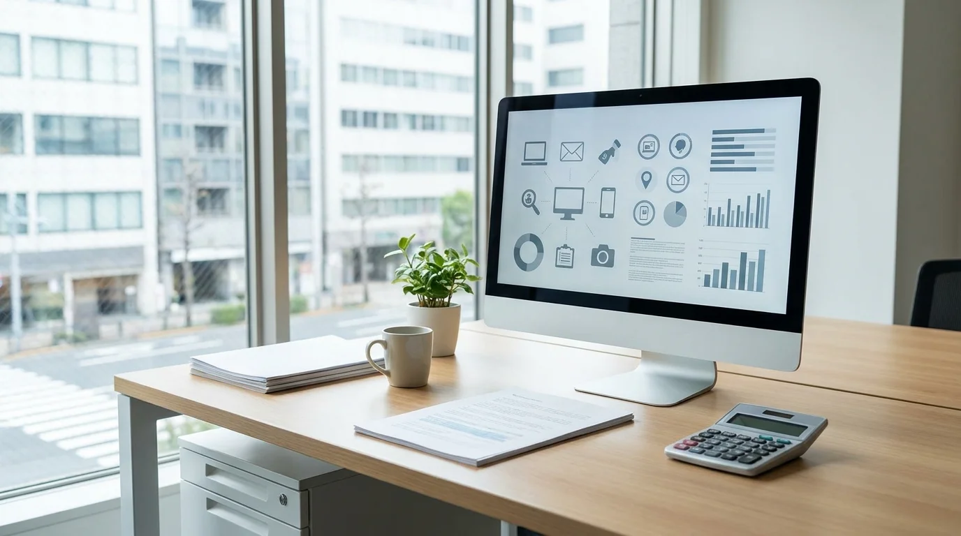 A conceptual visual representing EC profit margin calculation with financial charts, a calculator, and digital data visualizations on a clean office desk.