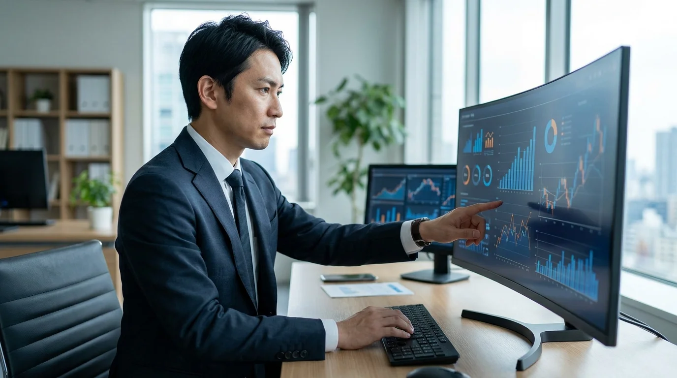 A detailed spreadsheet displayed on a high-resolution monitor showing MECE breakdown of variable and fixed costs for an e-commerce business, with professional data analysts working in the background of a modern office.