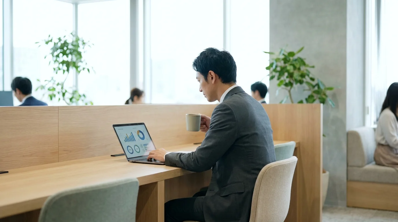 A clean and modern digital dashboard showing e-commerce search engine optimization metrics, data visualizations of keyword trends, and bar charts representing click-through rate growth in a professional Japanese business environment.