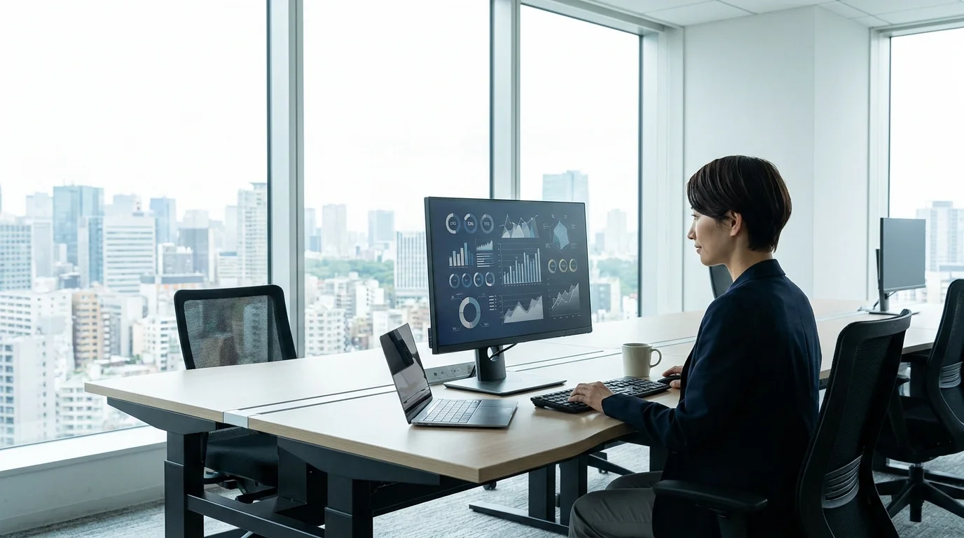 A Japanese data analyst pointing at a digital screen showing e-commerce ranking improvements. The Japanese professional is dressed in a smart business suit within a bright, modern Tokyo office.