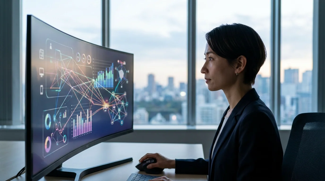 A Japanese data analyst examining complex performance metrics on multiple high-resolution displays. The screens show comparison charts between traditional photography ROI and AI-generated content conversion rates, set in a modern, professional Tokyo office building.