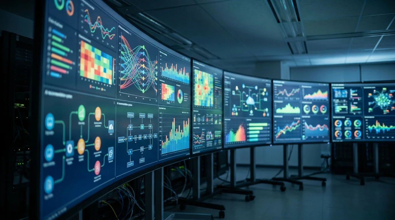 A conceptual visual of advanced AI recommendation systems analyzing data patterns on digital screens in a high-tech environment. The scene shows glowing data nodes and connections representing first-party and zero-party data flow.
