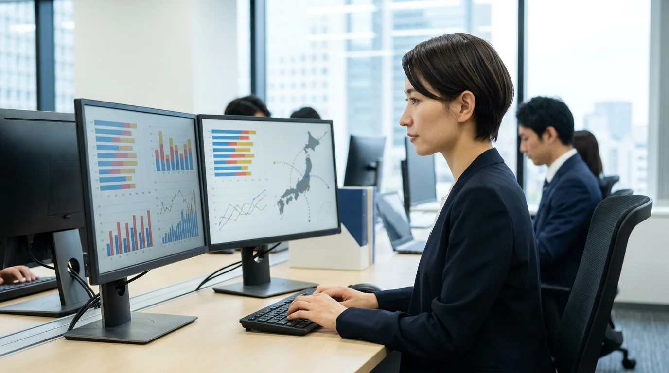 A Japanese data analyst in a modern Tokyo office, focused on a multi-screen setup displaying complex data visualizations and customer behavior charts. The setting is professional and reflects a high-end atmosphere in Japan.
