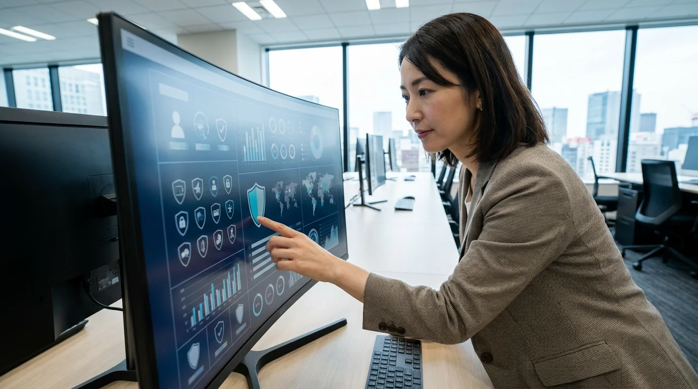 A detailed digital customer journey map on a large touchscreen monitor, showing various touchpoints from initial awareness to long-term loyalty. The interface uses sophisticated data visualization techniques to represent flow and drop-off points.