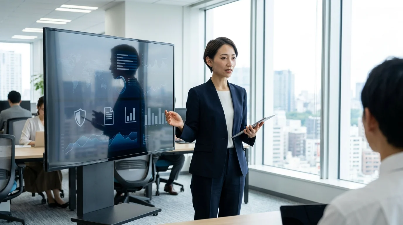 A professional Japanese data analyst pointing at a large monitor showing cost reduction graphs and efficiency metrics. The setting is a modern, clean Japanese office with glass walls and minimalist furniture.