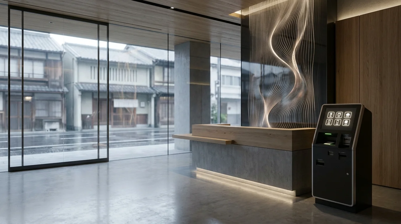 A conceptual visual representing a high-tech Japanese hotel lobby where digital data streams and AI interfaces assist the operational flow, symbolizing the integration of AI concierge and Japanese hospitality.