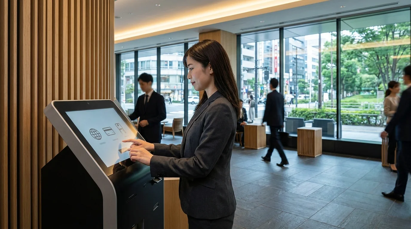 A professional Japanese hotel manager in a dark suit standing next to a sleek digital kiosk in a modern Tokyo hotel lobby, looking satisfied as guests interact with the multi-language AI interface.