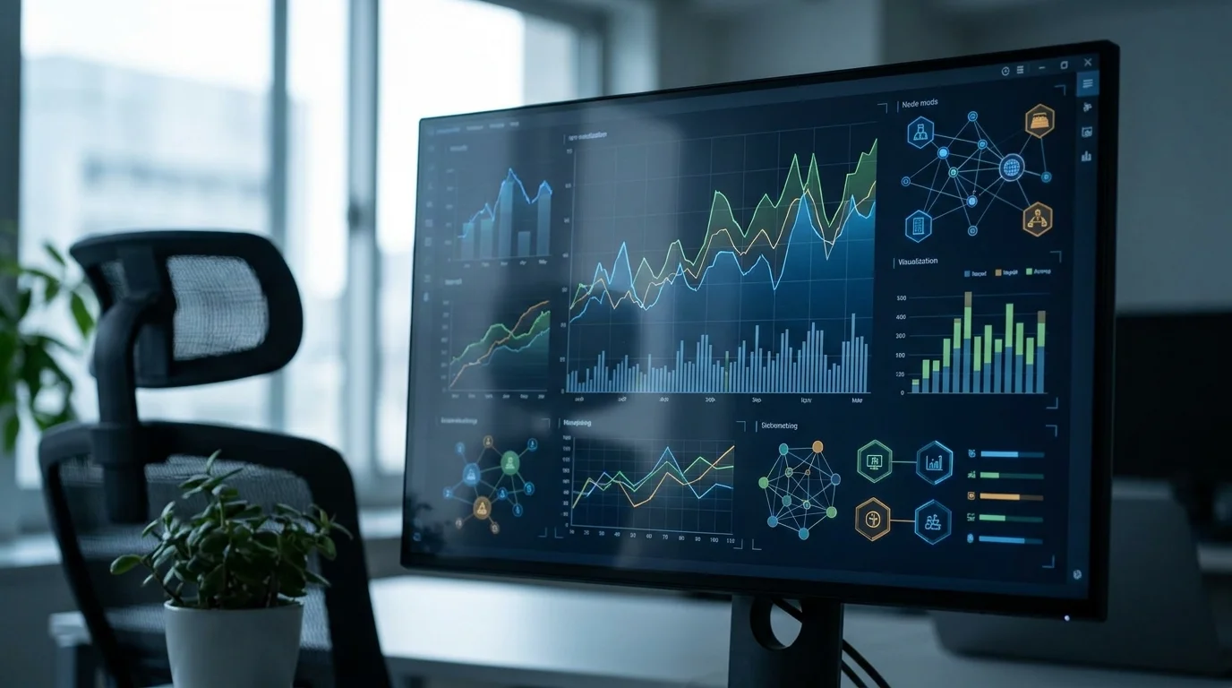 A sophisticated data visualization dashboard showing real-time guest inquiry trends, language distribution, and sentiment analysis patterns on a large screen in a Japanese hotel back office.