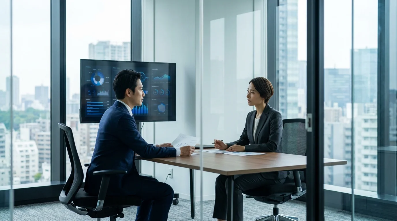 Two Japanese business professionals sitting in a glass-walled meeting room, looking at a tablet displaying performance charts and speech analysis feedback.