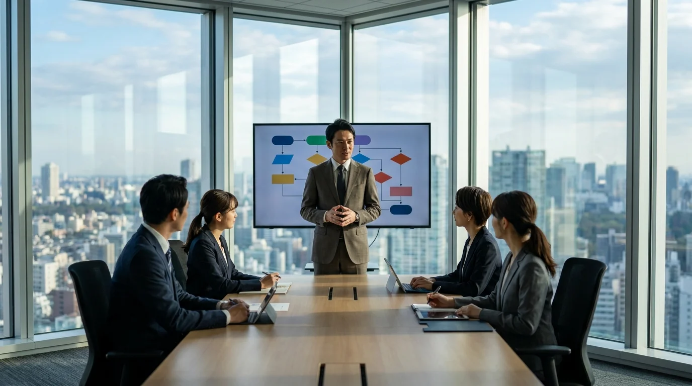 Two Japanese executives in business attire reviewing an automated AI-generated cost estimation dashboard on a large monitor in a modern Tokyo office. They are pointing at data visualizations that compare historical pricing trends with current project costs, demonstrating high-level strategic decision-making supported by AI technology.