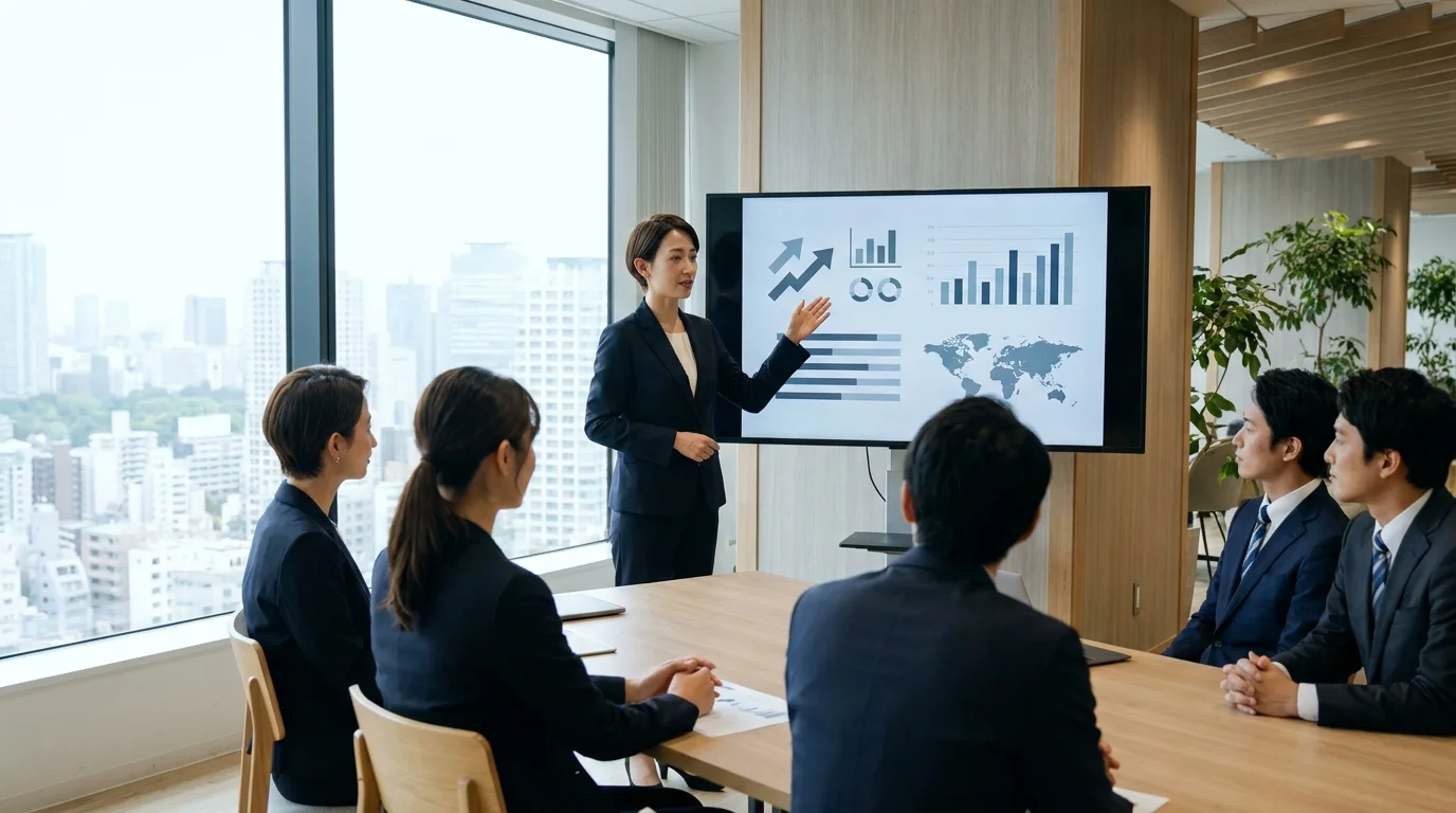 A sophisticated digital dashboard showing AI-driven legal contract analysis with data visualizations, glowing document nodes, and legal risk heatmaps in a modern Japanese corporate environment.