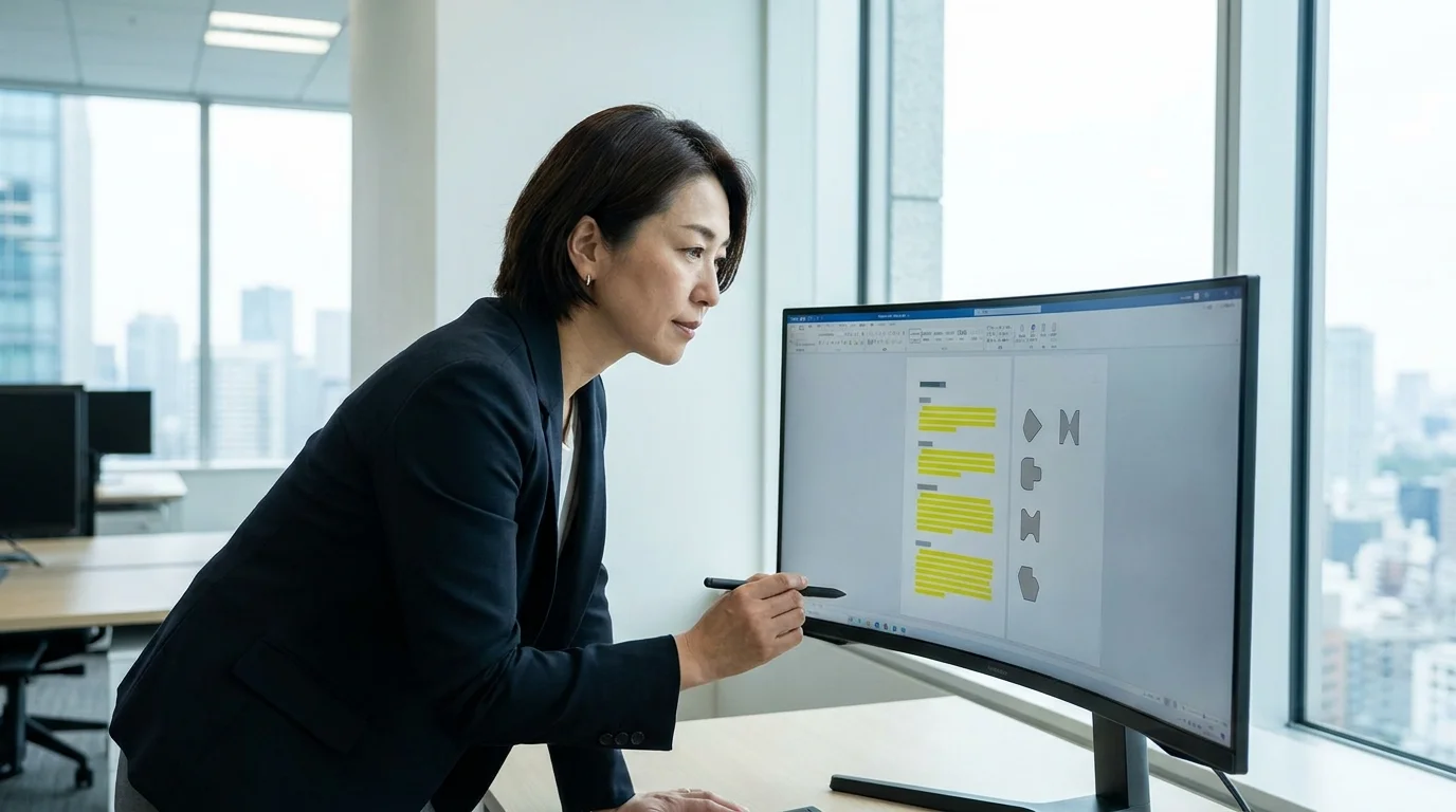 A professional Japanese legal counsel in a Tokyo office reviewing a digital contract on a large screen with AI suggestions highlighted in yellow. The setting is a clean, modern corporate workspace.