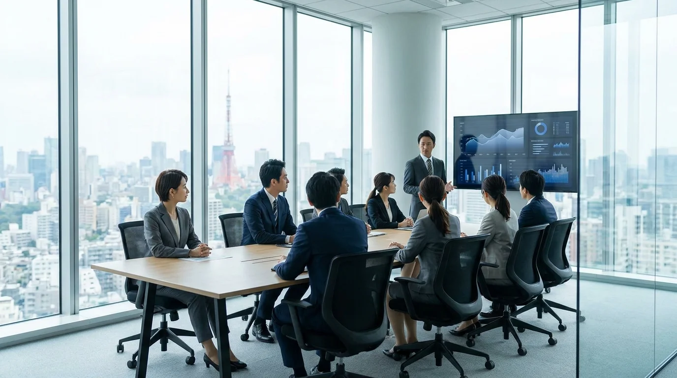 Two Japanese executives in a bright, modern conference room discussing strategic business risks with digital charts and documents displayed on a tablet.