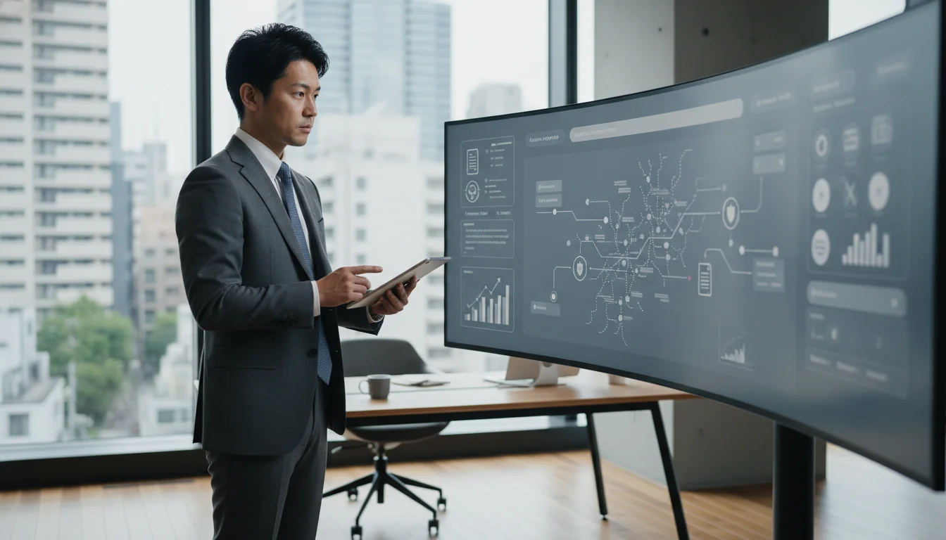 A high-resolution display showing complex data visualizations of structured invoice data, including itemized lists and automatic tax categorization charts in a Japanese corporate environment.