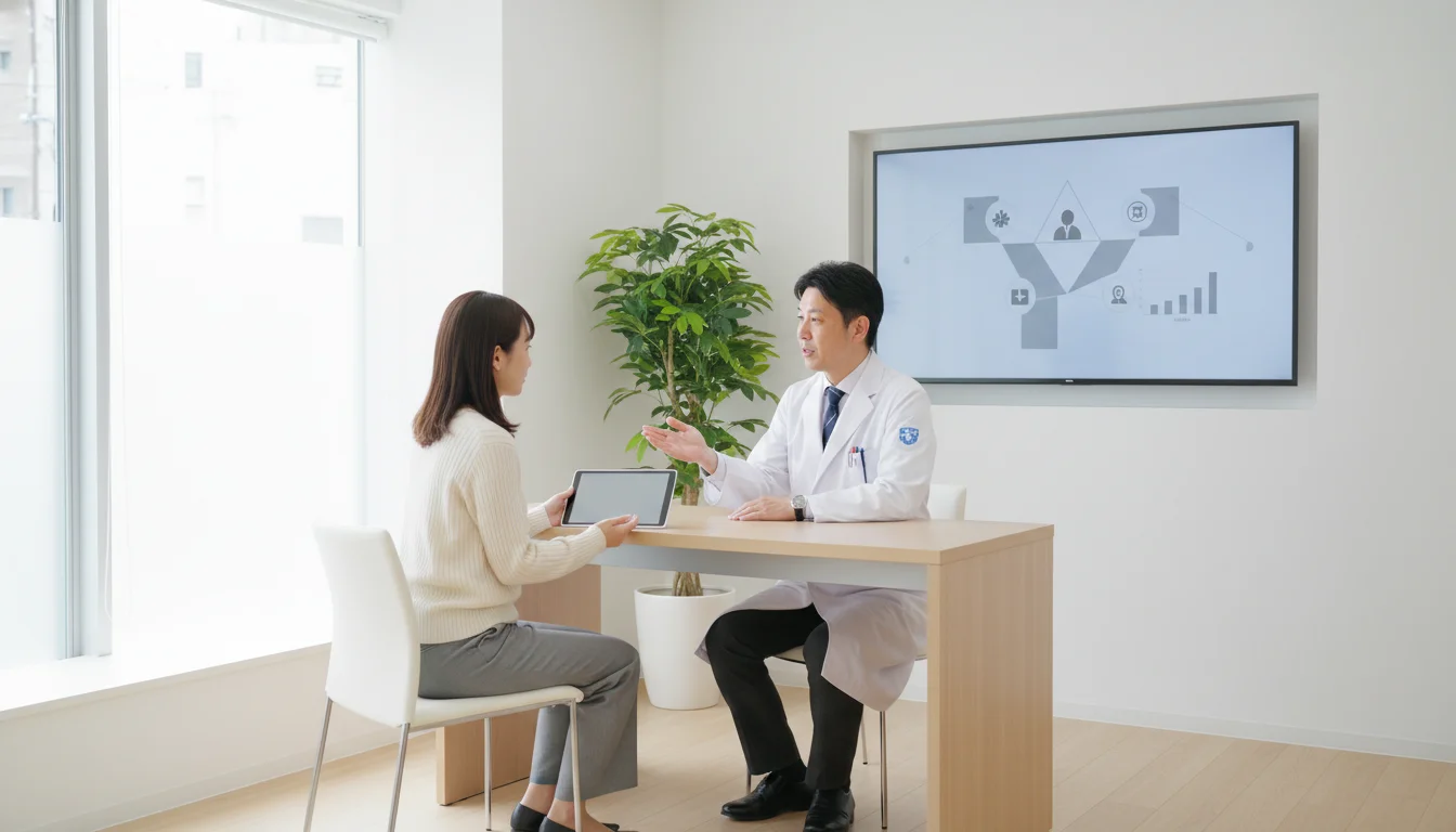 A physician in a modern medical environment interacting with a tablet-based AI medical interview system. The doctor is smiling while talking to a patient, as the screen shows a real-time structured data visualization of the interview results, reflecting a high-trust, technology-integrated healthcare environment.