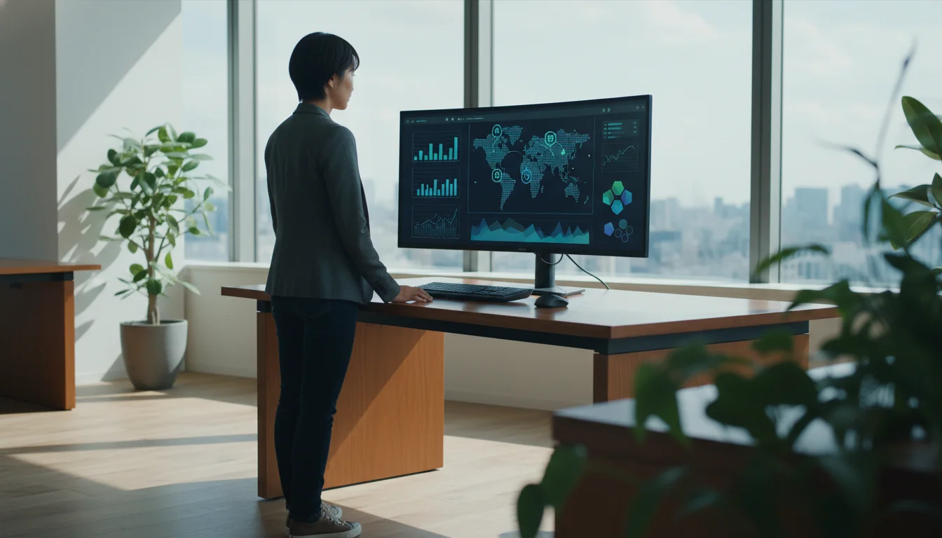 A Japanese data analyst examining complex speech recognition accuracy charts on a large monitor, focusing on improving NLU intent classification models.
