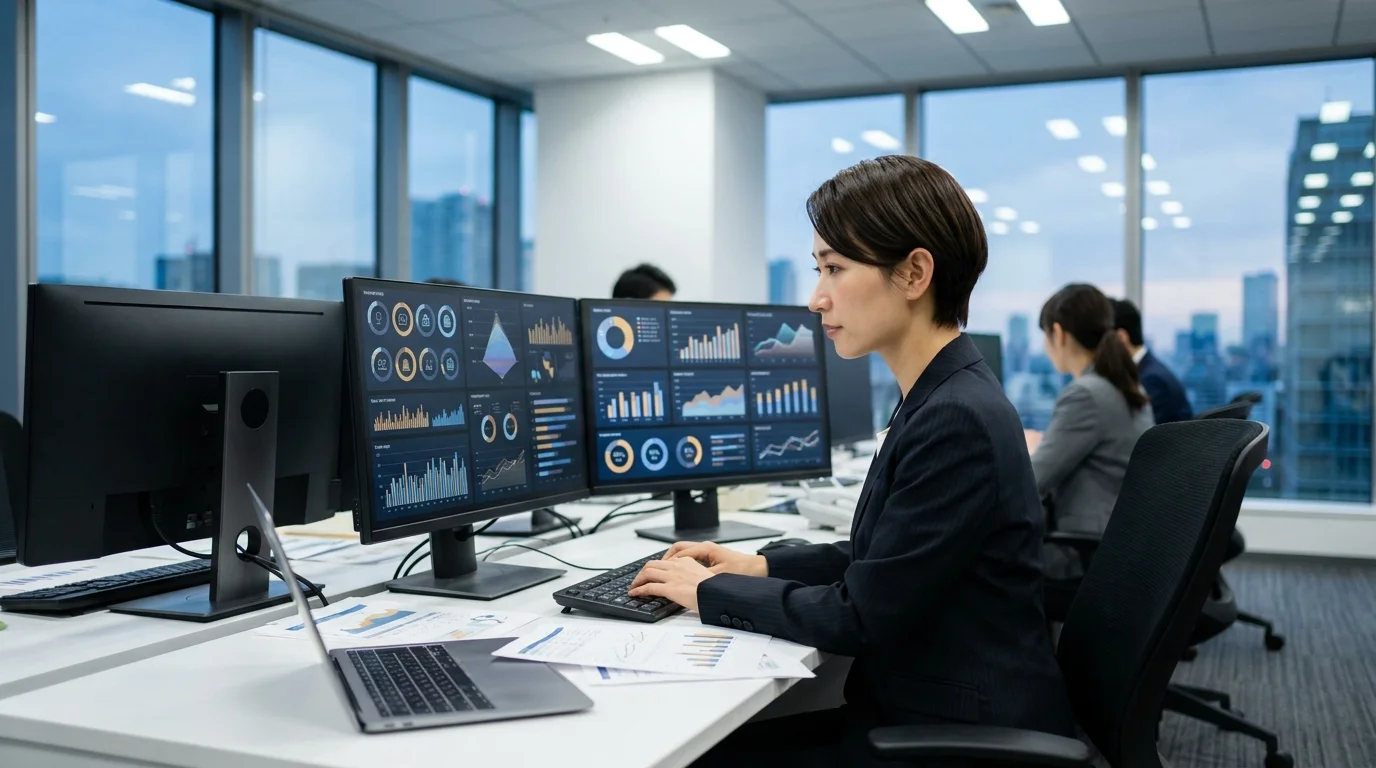 A focused Japanese data analyst working in a modern Tokyo municipal office. The professional is examining complex data charts and sentiment analysis word clouds on a dual-monitor setup. The office environment is professional and reflects a high-tech Japanese government workspace.