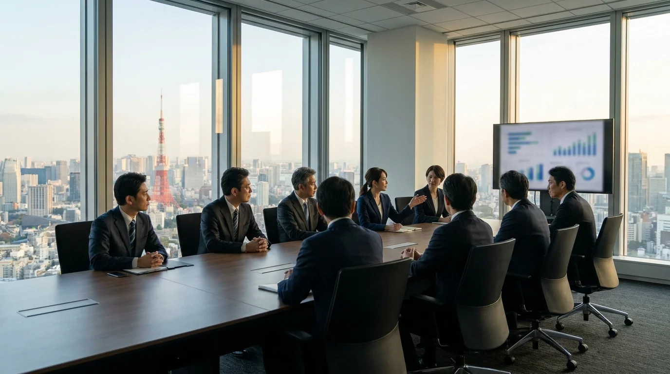 A group of Japanese government officials and expert consultants in a high-level strategic meeting in a Tokyo conference room. They are looking at a large screen displaying AI-driven analytics of citizen feedback and discussing policy implementation. The scene conveys professional collaboration and data-driven decision-making.