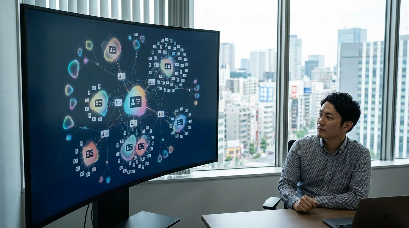A high-tech digital dashboard displaying data extraction processes from physical documents. The screen shows Japanese text being converted into structured graphs and database tables, illustrating the seamless transition from paper to AI-driven insights without any people in the frame.