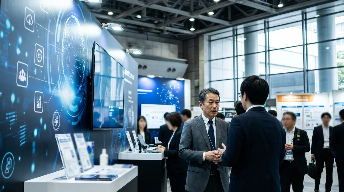 A Japanese data analyst in a modern Tokyo office setting, looking at a large monitor displaying real-time lead generation statistics and AI-processed business card data. The professional is dressed in smart business attire, embodying the efficiency of modern Japanese B2B marketing.