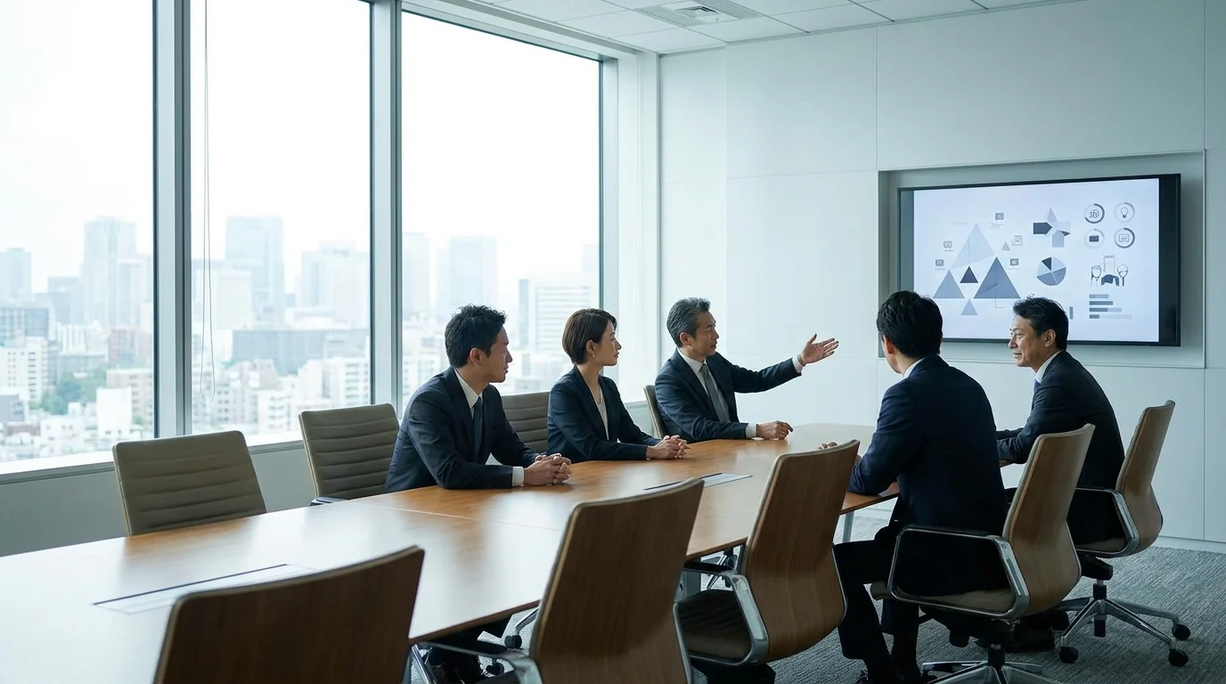 A sophisticated Japanese boardroom interior with a large digital screen displaying real-time AI-generated transcriptions and summary charts. The scene is professional and high-tech, focusing on data visualization and futuristic communication technology without people.
