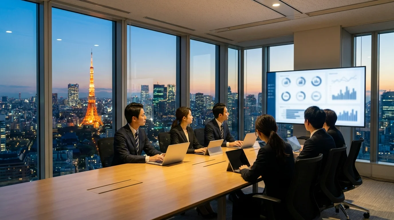 A Japanese executive in a sharp business suit looking at a tablet displaying a concise AI-generated summary of a board meeting. The background shows a modern Tokyo office skyline at dusk. The focus is on the executive's analytical expression and the clear data layout on the screen.