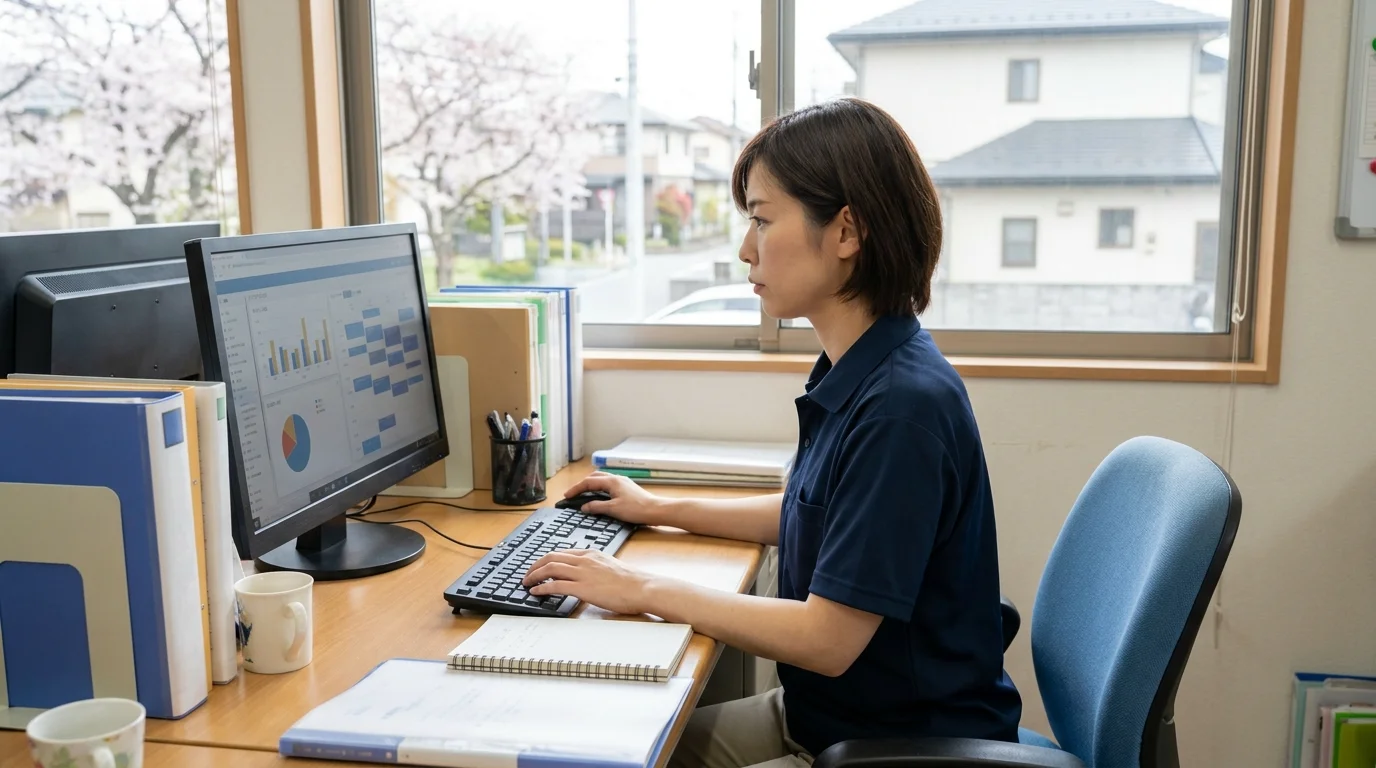 A conceptual data visualization showing the reduction of administrative workload in a Japanese nursing care management setting, featuring digital interfaces and abstract charts representing time reallocation to human-centric services.