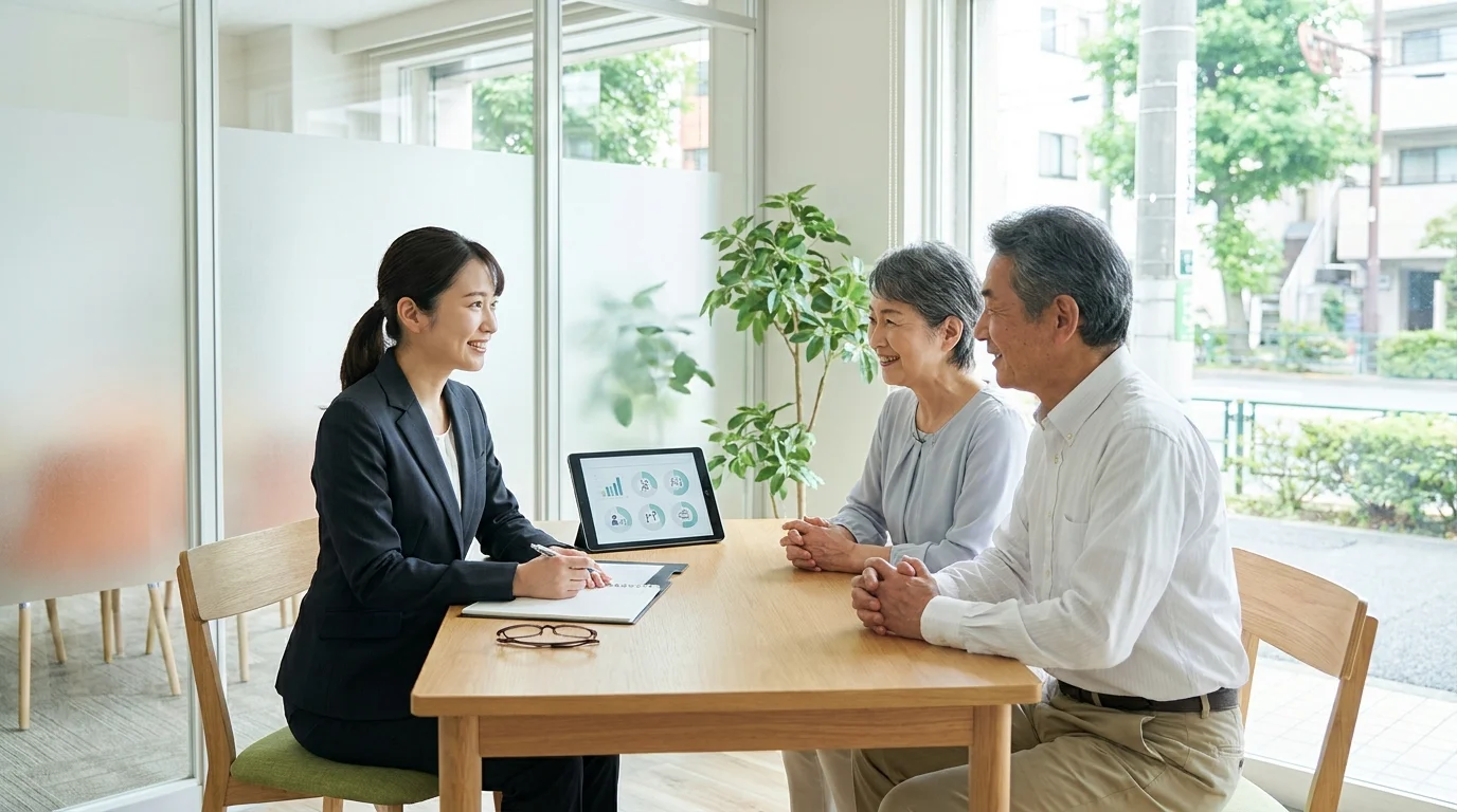 A Japanese care manager professional in a clean, modern office setting, using a tablet to review an AI-generated plan while maintaining a focused and calm expression, emphasizing human oversight over technology.