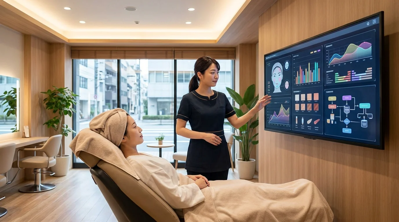 A high-tech dashboard showing real-time image analysis of hair texture and scalp health. The screen displays data visualizations including heatmaps and probability charts for product recommendations, reflecting professional Japanese beauty tech standards.