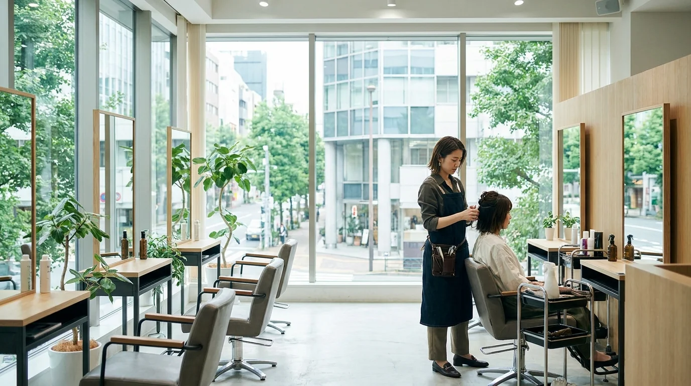 A Japanese male junior stylist and a Japanese female store manager looking at a tablet together in a modern Tokyo salon. They are reviewing AI-generated performance metrics and customer feedback charts to improve their consultation skills.