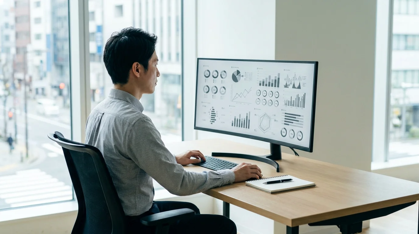 A professional Japanese data analyst in a Tokyo office reviewing complex data visualizations on a large monitor, focusing on customer sentiment scores and lead heatmaps derived from AI processing.