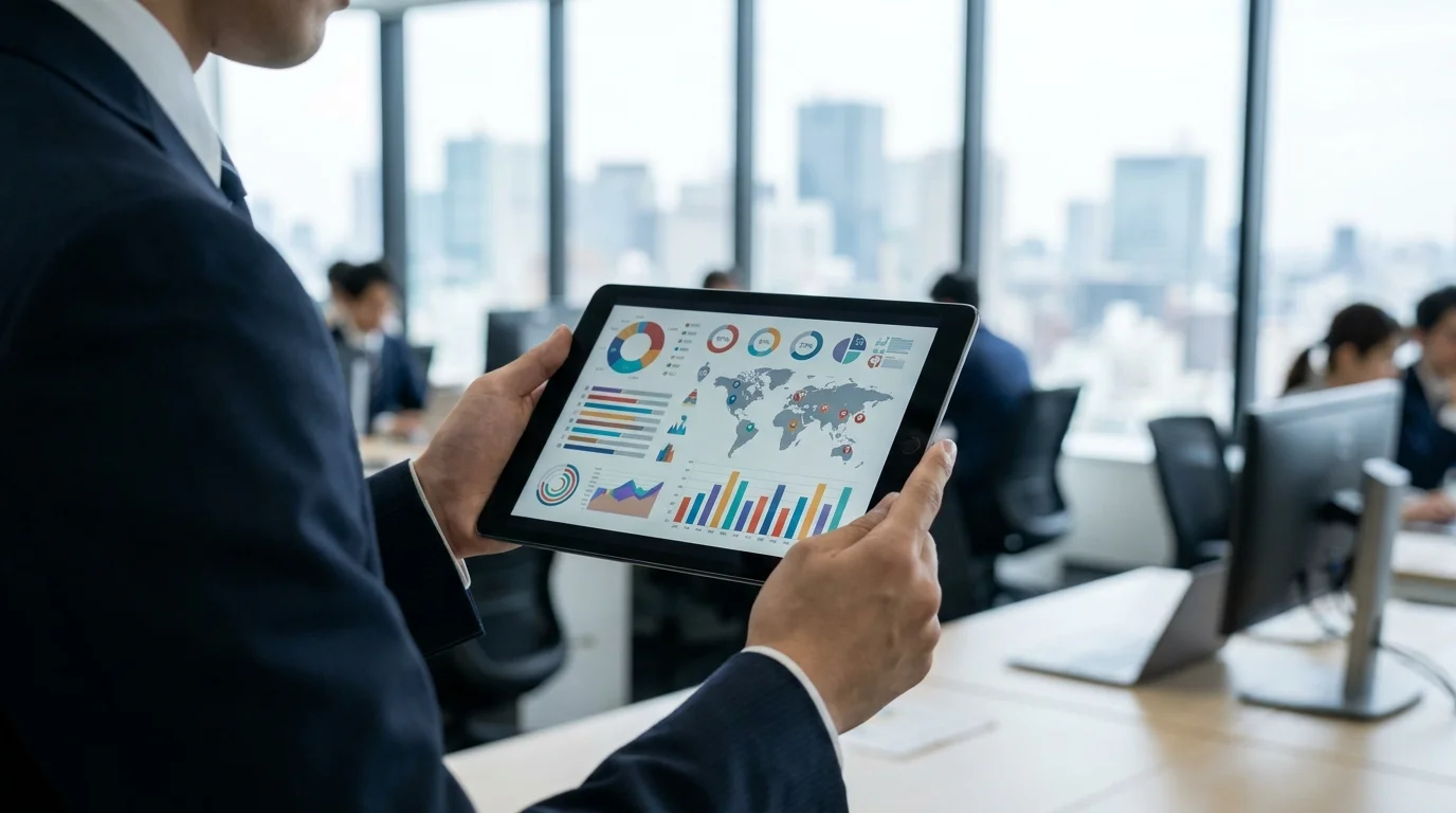 A close-up of a high-resolution tablet screen displaying a seamless automated scheduling interface where a Japanese business professional's calendar is being populated with AI-vetted sales appointments.
