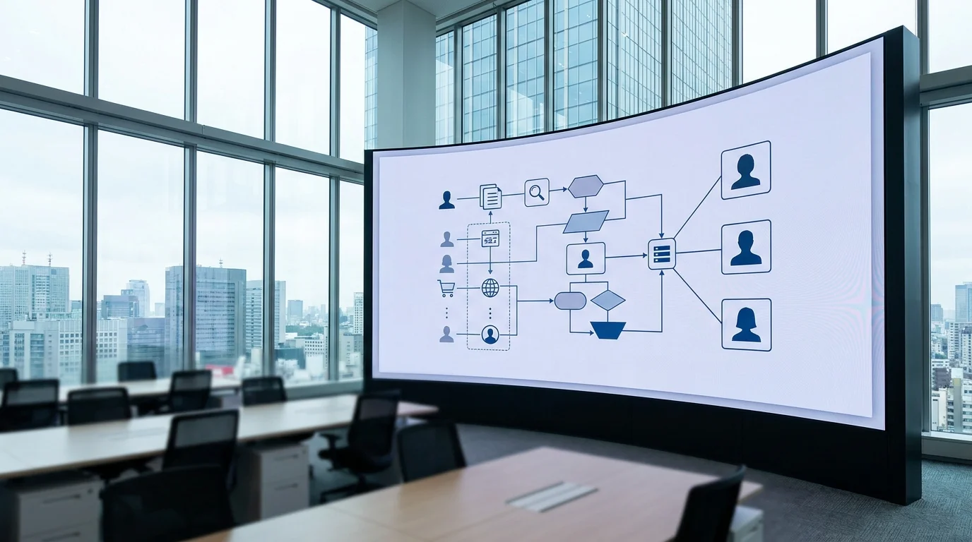 A high-tech data visualization dashboard showing AI screening metrics and candidate scoring distributions on a large professional display in a modern, sophisticated Japanese corporate environment.