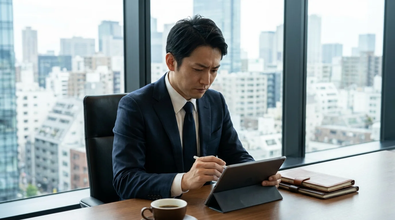 A Japanese business executive reviewing recruitment performance metrics and AI scoring accuracy charts on a tablet, sitting in a bright, modern corporate meeting room in Tokyo.