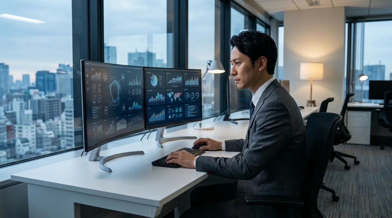 A sophisticated digital dashboard representing a Japanese data analyst monitoring real-time vector database performance and information retrieval accuracy in a modern Tokyo office environment.