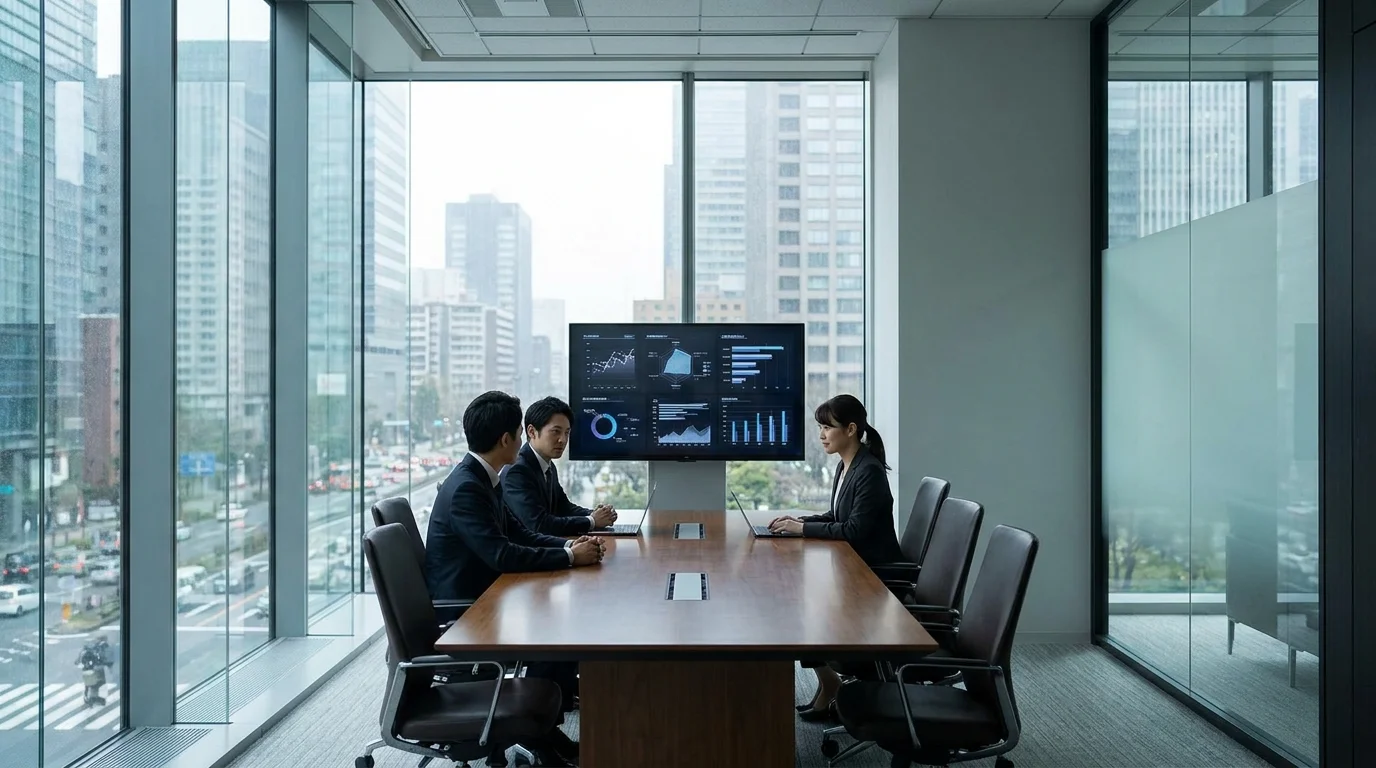 Japanese IT executives in a sleek business setting discussing the integration of RAG-based AI tools into their corporate workflow for enhanced knowledge management and operational efficiency.