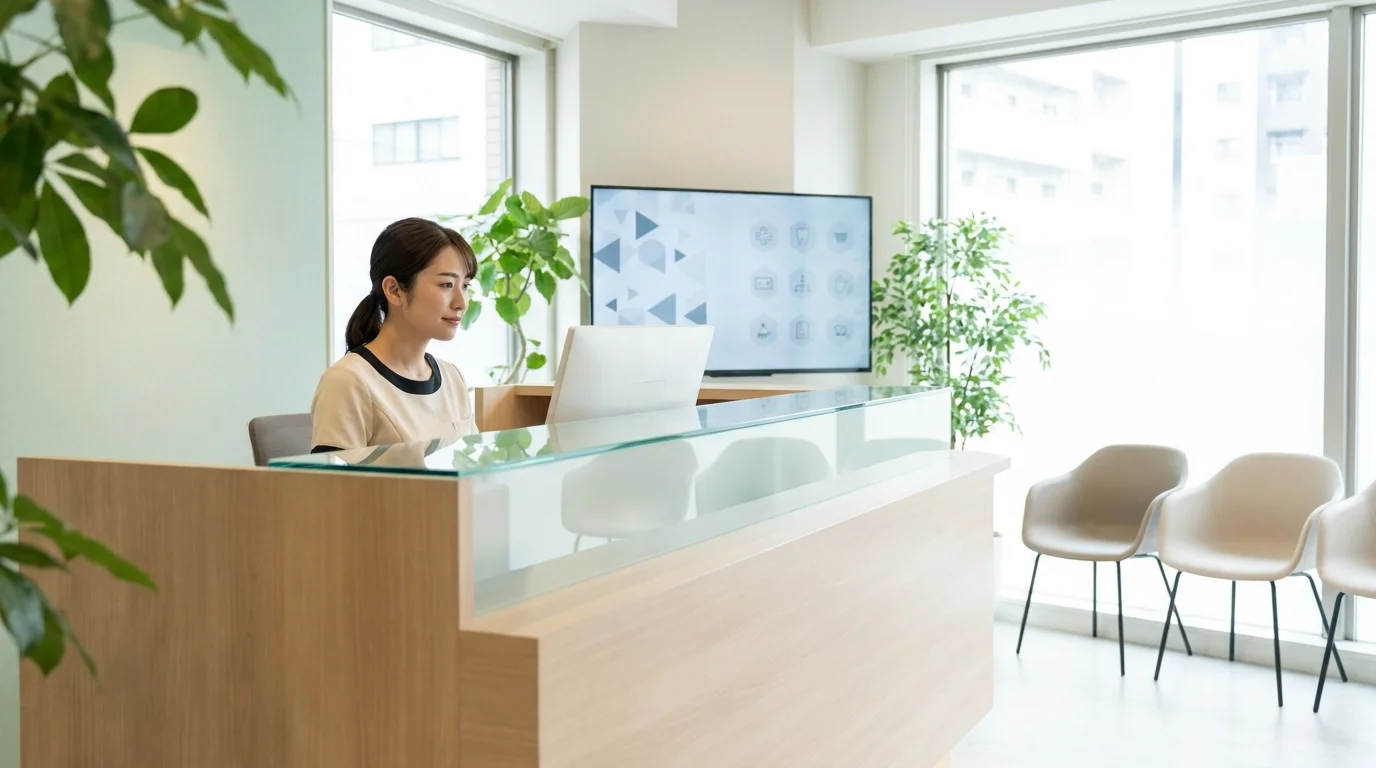 A high-tech digital dashboard displaying real-time dental chair occupancy rates, predictive analytics charts for patient appointments, and data visualizations of machine learning models in a clean, modern Japanese dental clinic setting.