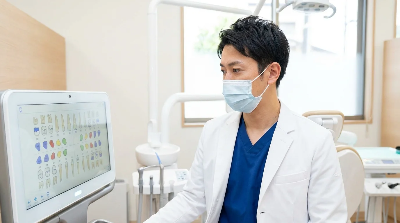 A detailed user interface of a dental practice management software showing dynamic slot allocation. The screen displays a grid of Japanese dental chairs with color-coded status indicators and probability scores for patient arrival, managed by a professional in a clinic.