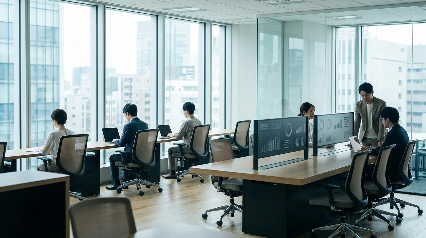 A professional engineering team in a sleek Tokyo office workspace analyzing a Retrieval-Augmented Generation (RAG) architecture diagram showing vector database integration.